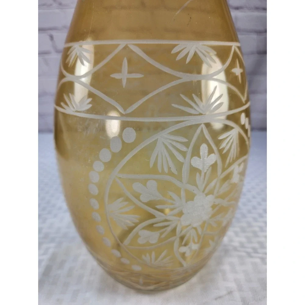 Large Intricately Etched Glass Bottle Handmade Yellow Vase Art Decor 14.75